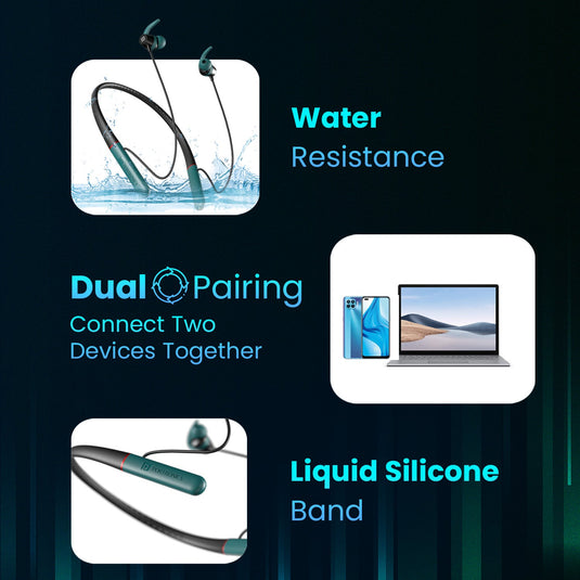 Green portronics harmonics x2 wireless stereo neckband with water resistance, dual pairing & liquid sillicone band