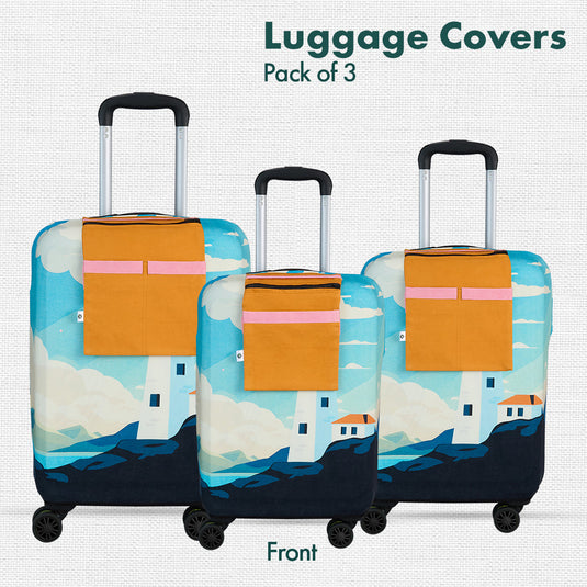 Vintage Lighthouse! Luggage Covers With Detachable Pouch, 100% Organic Cotton Lycra, Small+Medium+Large Sizes, Pack of 3