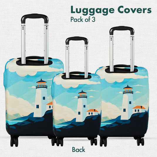 Vintage Lighthouse! Luggage Covers With Detachable Pouch, 100% Organic Cotton Lycra, Small+Medium+Large Sizes, Pack of 3