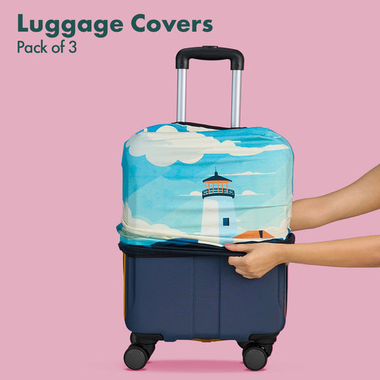 Vintage Lighthouse! Luggage Covers With Detachable Pouch, 100% Organic Cotton Lycra, Small+Medium+Large Sizes, Pack of 3