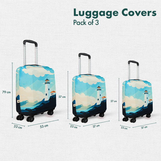 Vintage Lighthouse! Luggage Covers With Detachable Pouch, 100% Organic Cotton Lycra, Small+Medium+Large Sizes, Pack of 3