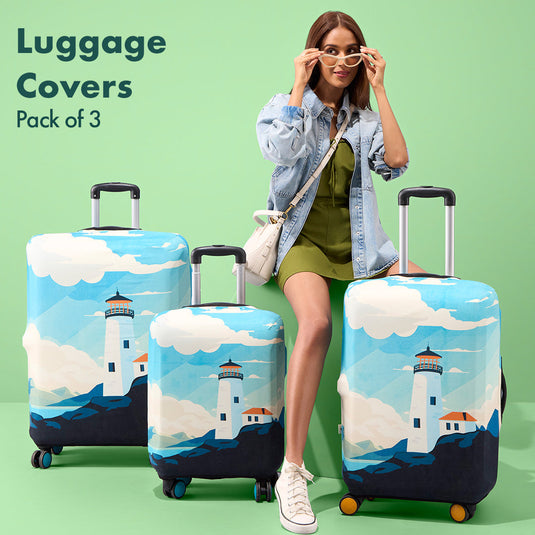 Vintage Lighthouse! Luggage Covers With Detachable Pouch, 100% Organic Cotton Lycra, Small+Medium+Large Sizes, Pack of 3