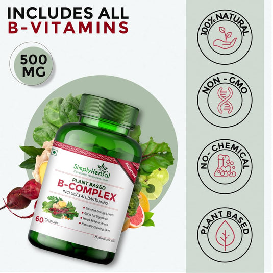 Simply Herbal Plant-Based Vitamin B Complex 100% RDA B1, B2, B3, B5, B6, B7, B9 & B12 - 60 Capsules