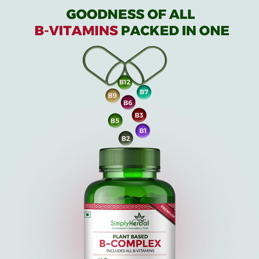 Simply Herbal Plant-Based Vitamin B Complex 100% RDA B1, B2, B3, B5, B6, B7, B9 & B12 - 60 Capsules