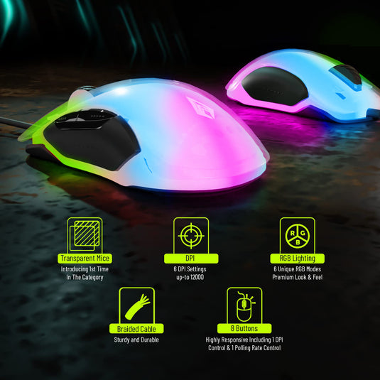 Archer Tech Lab Recurve 400 Transparent Wired Gaming Mouse,12000 Dpi with 1000Hz Polling Rate&8 Buttons,6 Mode Breathing RGB,Sunplus Sensor,Huyu Switches,Compatible with Pc/Mac - Transparent