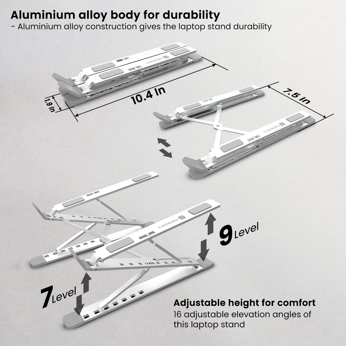 Silver Portronics My Buddy K Pro Foldable and Adjustable Portable Laptop Stand for Table aluminium body 