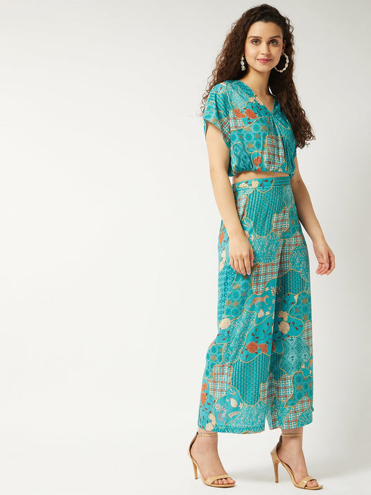 Printed Loose Overlap Top and Pant Set