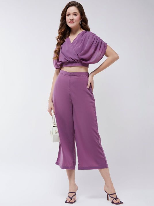 Solid Pleated Top With Matching Pant Set