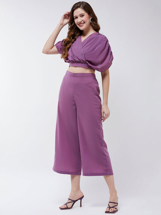 Solid Pleated Top With Matching Pant Set