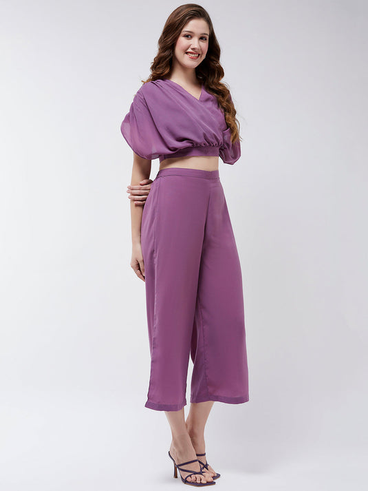 Solid Pleated Top With Matching Pant Set