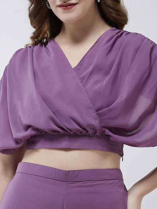 Solid Pleated Top With Matching Pant Set