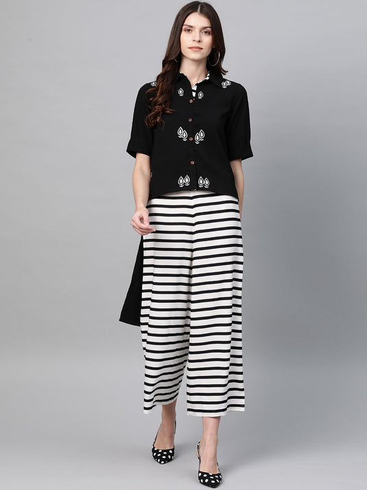 Solid Embroidered Top With Stripe Pants