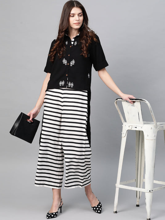 Solid Embroidered Top With Stripe Pants