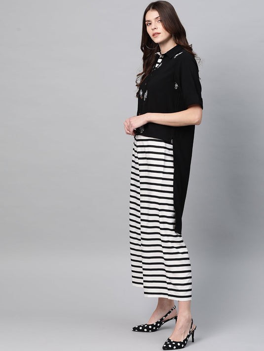 Solid Embroidered Top With Stripe Pants