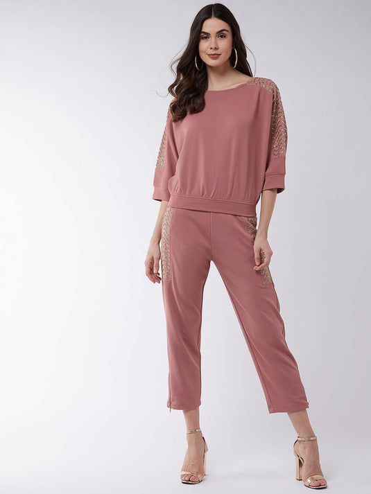 Solid Loose Top And Pant Set With Shimmer Details