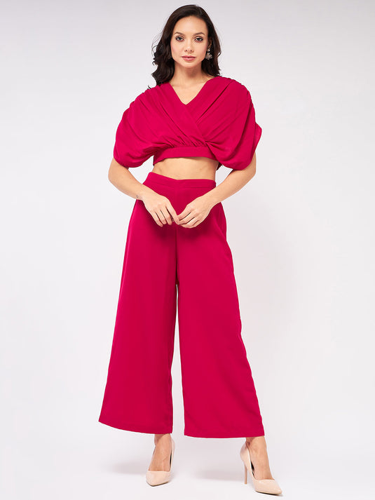 Solid Pleated Top With Matching Pant Set