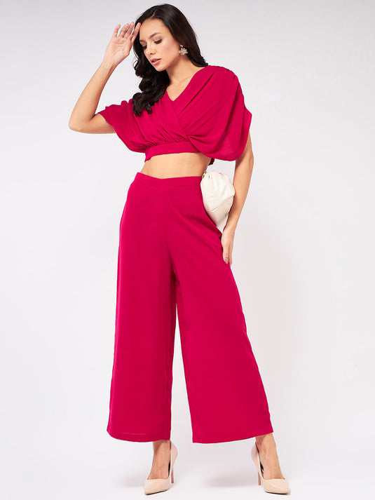 Solid Pleated Top With Matching Pant Set