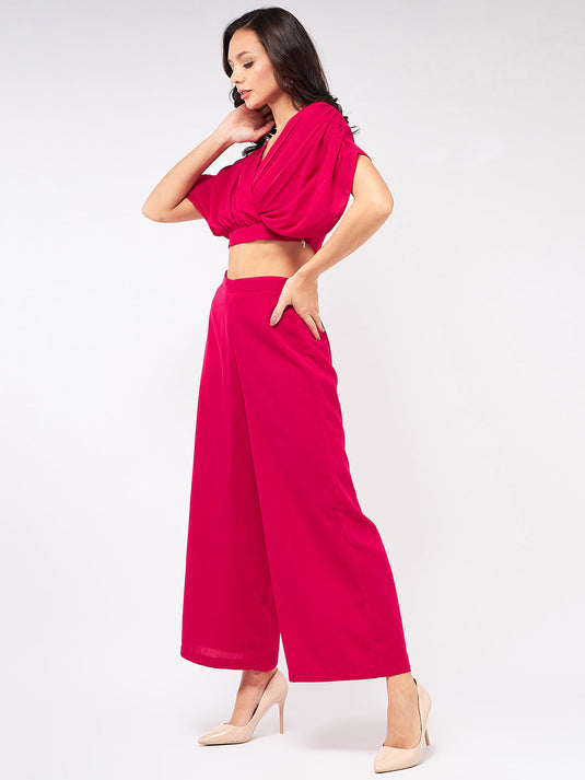 Solid Pleated Top With Matching Pant Set