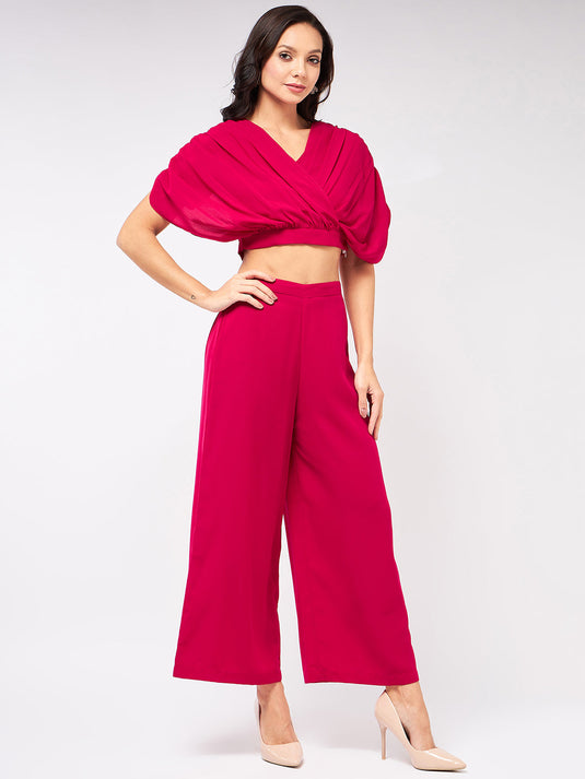 Solid Pleated Top With Matching Pant Set