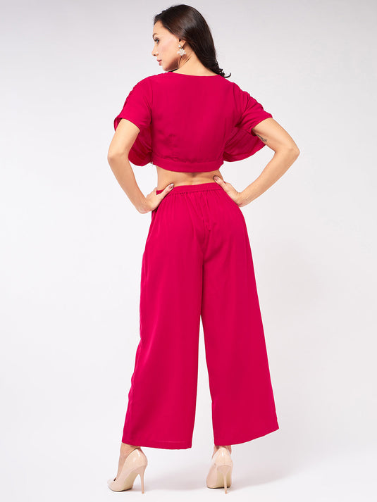 Solid Pleated Top With Matching Pant Set