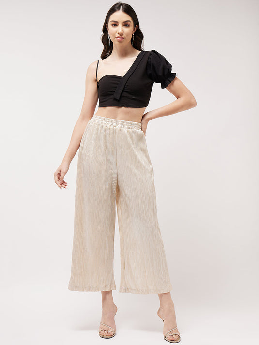 One-shoulder Crop Top With Shimmer Pleated Pants Set