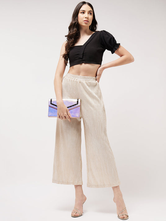 One-shoulder Crop Top With Shimmer Pleated Pants Set