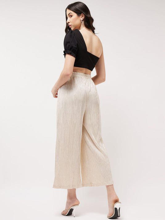 One-shoulder Crop Top With Shimmer Pleated Pants Set