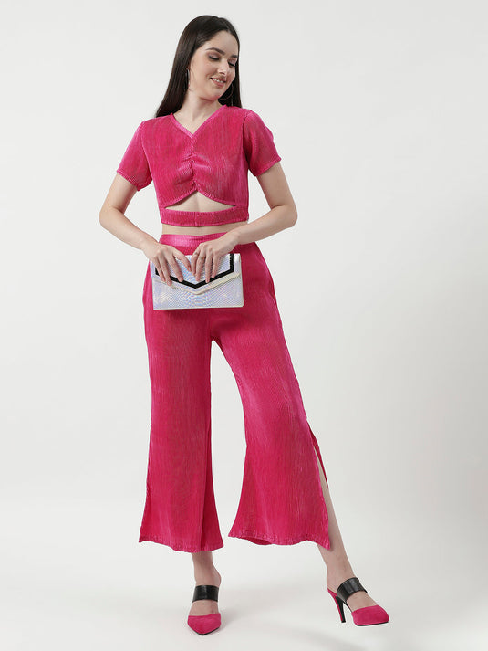 Pleated Cut-Out Crop Top With Matching Pant Set