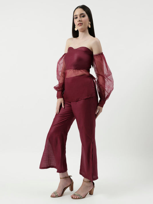 Off-Shoulder Tube Top With Sheer Stylish Sleeves And Matching Pant Set