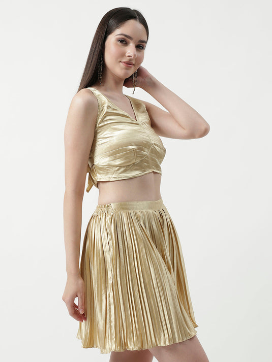 Shimmer Pleated Crop Top With Matching Shorts Set