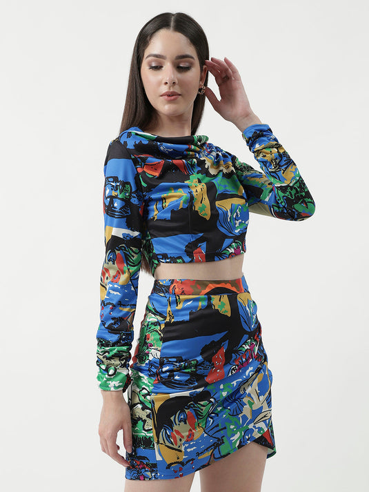 Picasso Digital Printed Crop Top With Short Skirt Set