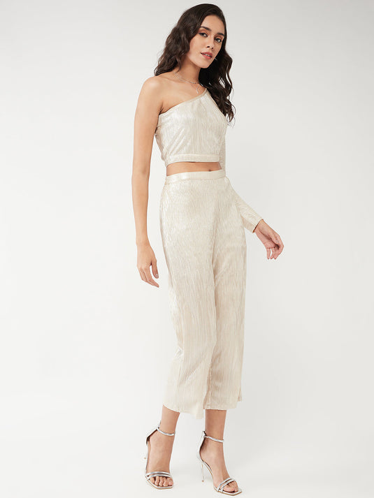 Shimmer Pleated One-Shoulder Top With Pant Set