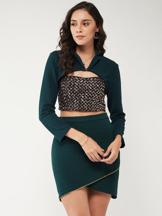 Solid Sequence Tube Top With Crop Blazer And Skirt Set