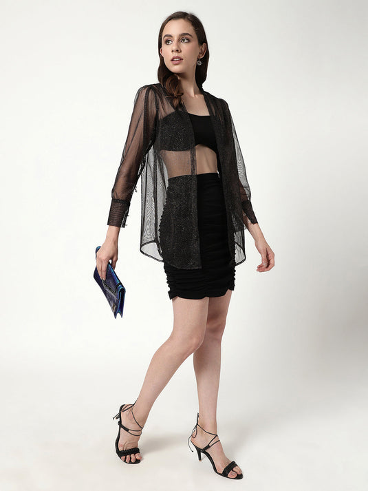 Shimmer Shirt With Bralette And Ruched Design Skirt Set