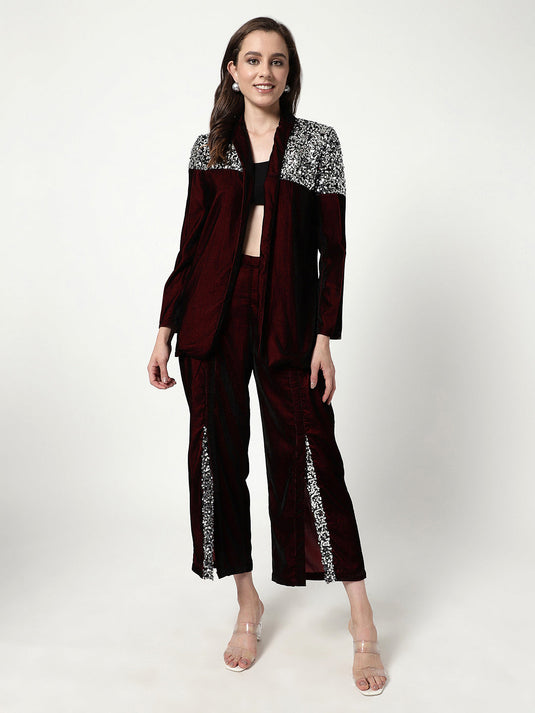 Solid Blazer With Sequin Patch With Stylish Matching Pant Set