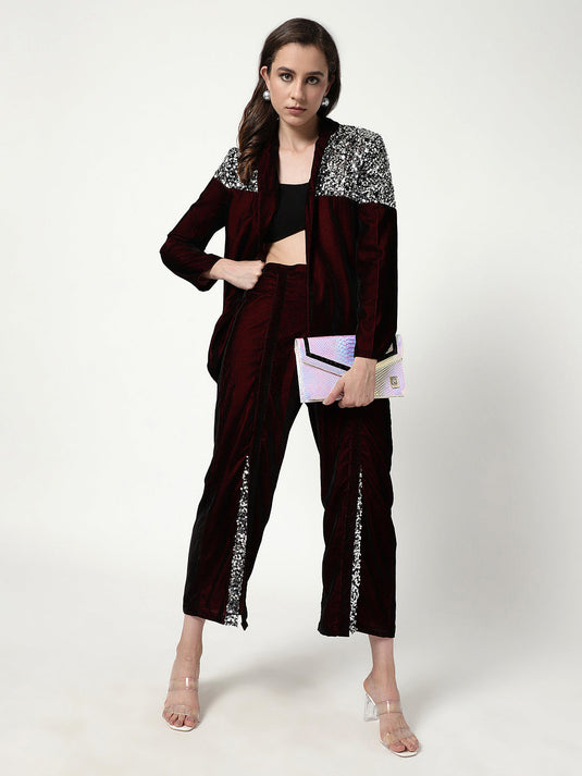 Solid Blazer With Sequin Patch With Stylish Matching Pant Set