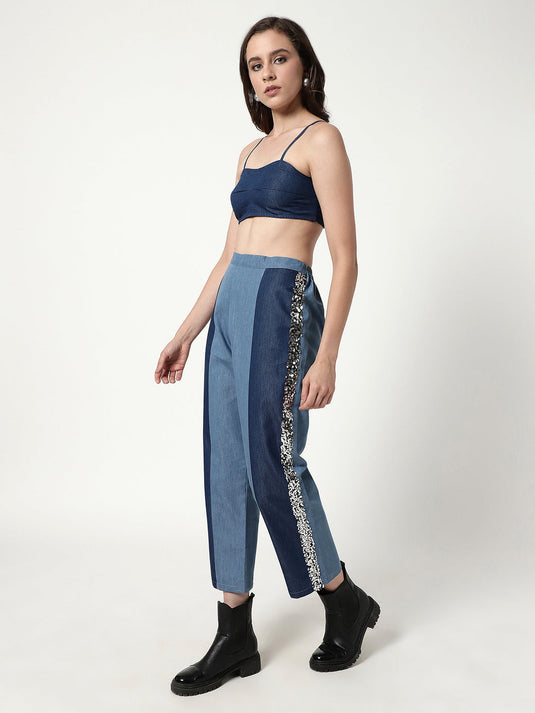 Solid Bralette Top With Color-Blocking Pant Set Having Sequin Patch