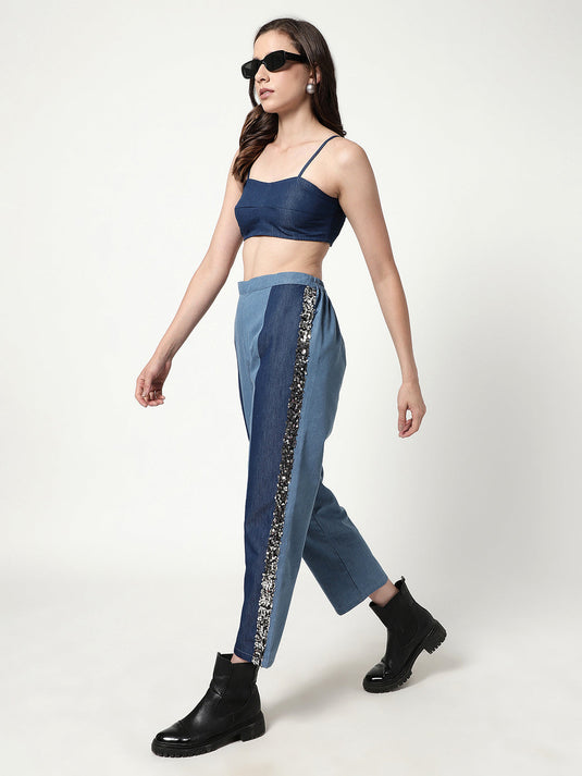 Solid Bralette Top With Color-Blocking Pant Set Having Sequin Patch