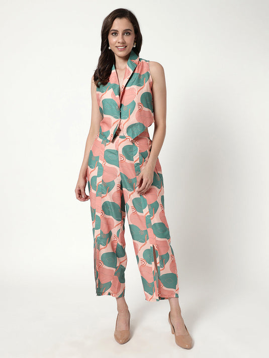 Abstract Digital Printed Waistcoat Top With Pant Set