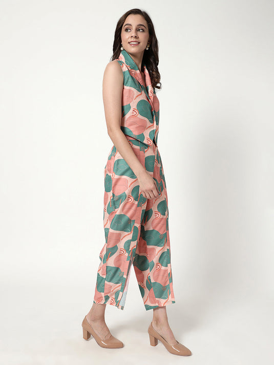 Abstract Digital Printed Waistcoat Top With Pant Set