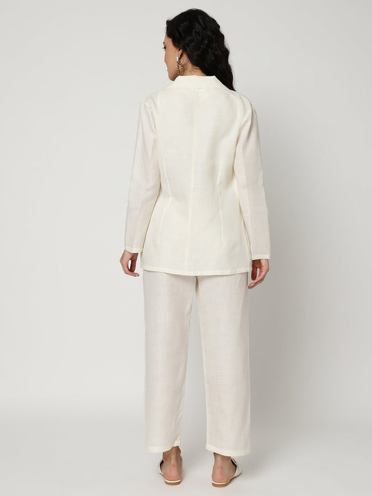 Off White Solid Blazer With Matching Pant Set