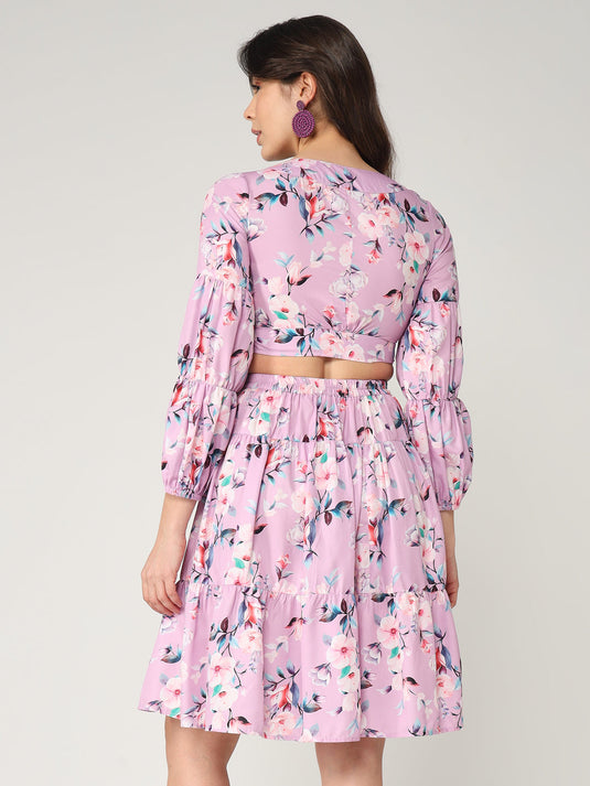 Floral Printed Crop Top With Fit-Flare Skirt Set