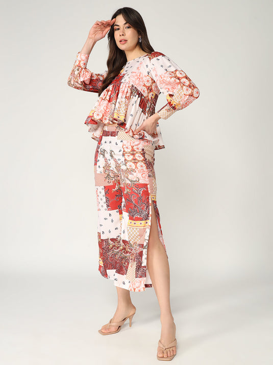 Abstract Printed Peplum Top With Matching Pant Set