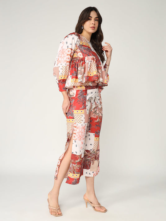 Abstract Printed Peplum Top With Matching Pant Set