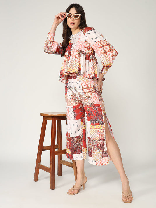 Abstract Printed Peplum Top With Matching Pant Set