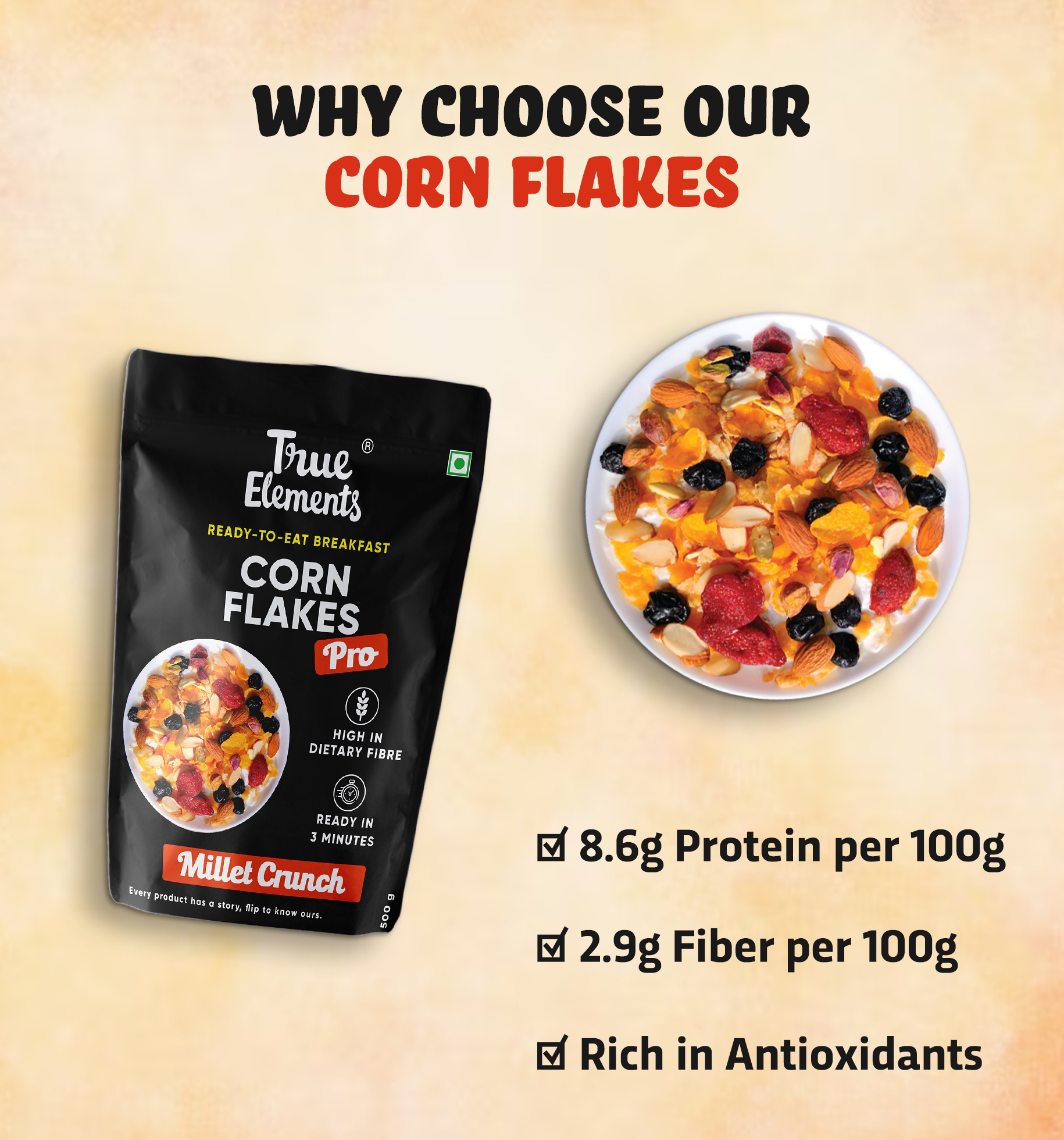 True Millets True Elements Corn Flakes Pro Millet Crunch (500gm*Pack of 2)