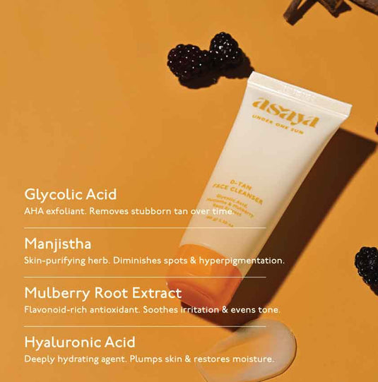 Glycolic acid, manjishtha, mulberry root extract, hyaluronic acid - Asaya detan cleanser ingredients. Best for detanning, glowing skin