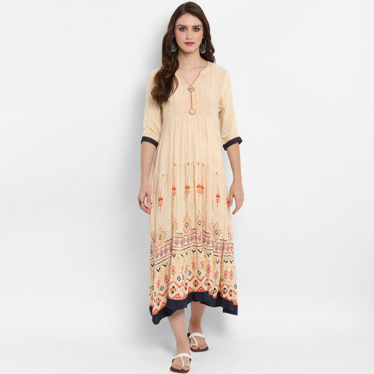 Pannkh Women's Printed Tiered Pin-Tucks Dress