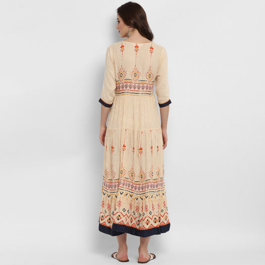 Pannkh Women's Printed Tiered Pin-Tucks Dress