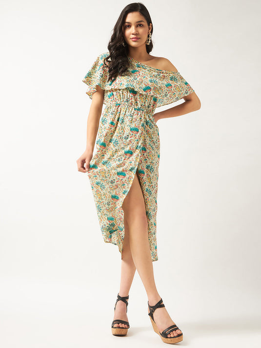 Printed One-Shoulder Ethnic Dress